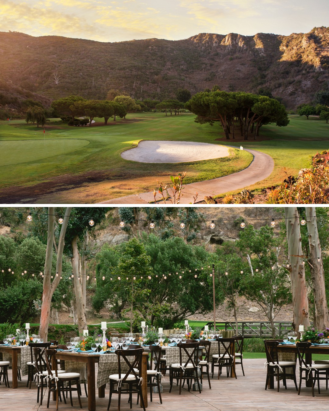 Top image shows a golf course with a sand trap; bottom image depicts an outdoor dining area with tables set for a meal, surrounded by trees and string lights.