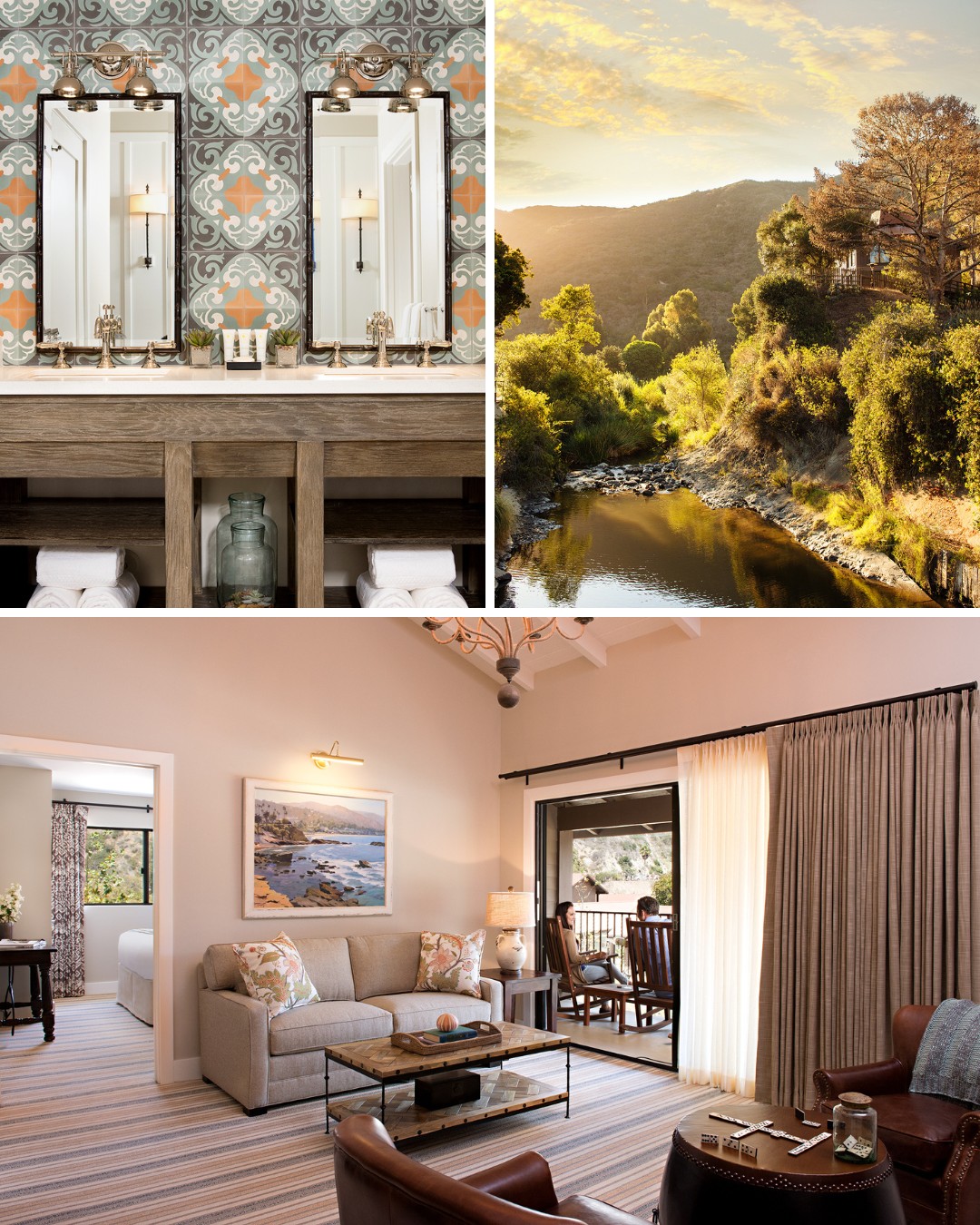 Collage of a bathroom vanity with dual mirrors, a scenic river landscape, and a living room with a sofa and armchair, all showcasing elegant and serene interior and exterior views.