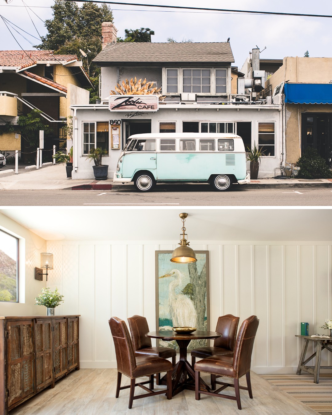 Vintage light blue van parked in front of a cafe; below is a dining area with a round table, brown leather chairs, and a large painting on the wall.