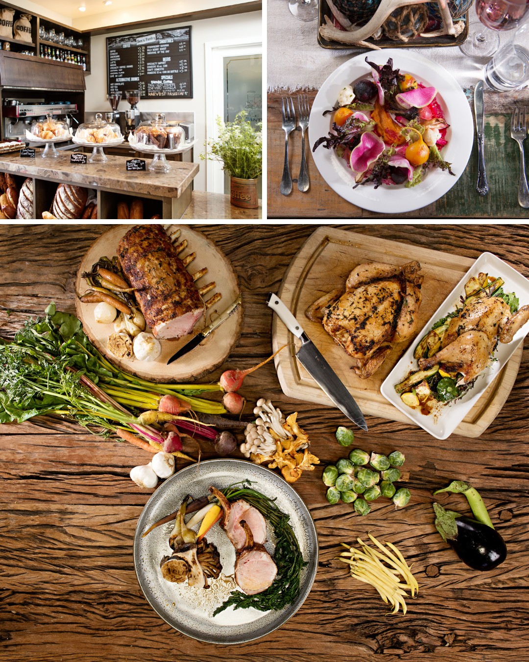 A collage of dishes includes roasted meats, vegetables, and salads displayed on wooden surfaces, with a cozy restaurant and menu board in the background.