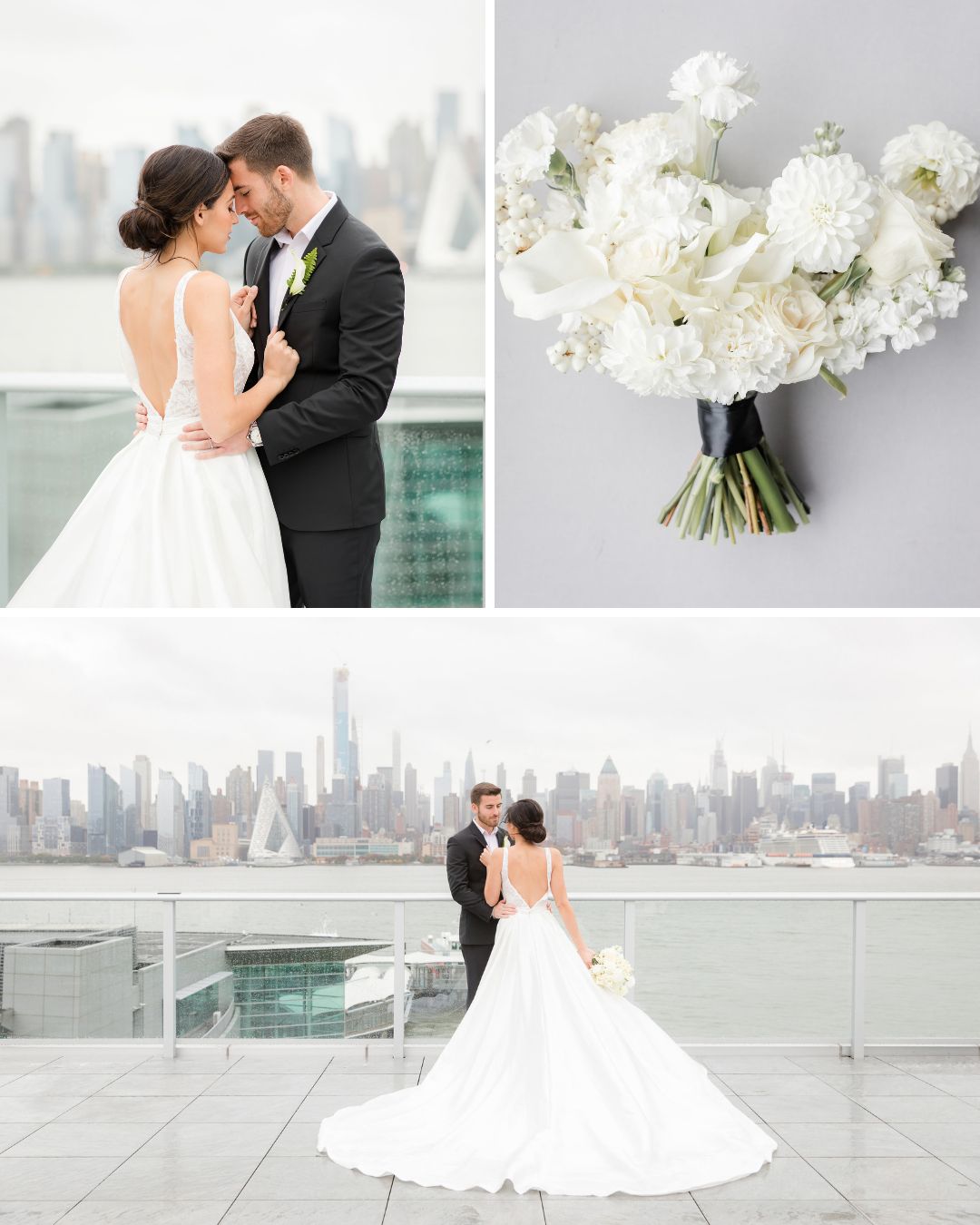 A collage showing a bride and groom posing on a balcony overlooking a city skyline and a close-up of a white wedding bouquet.