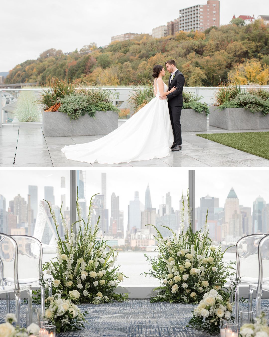 A two-part image showing a bride and groom standing on an outdoor terrace, and a ceremony space with floral arrangements and clear chairs in front of a city skyline.
