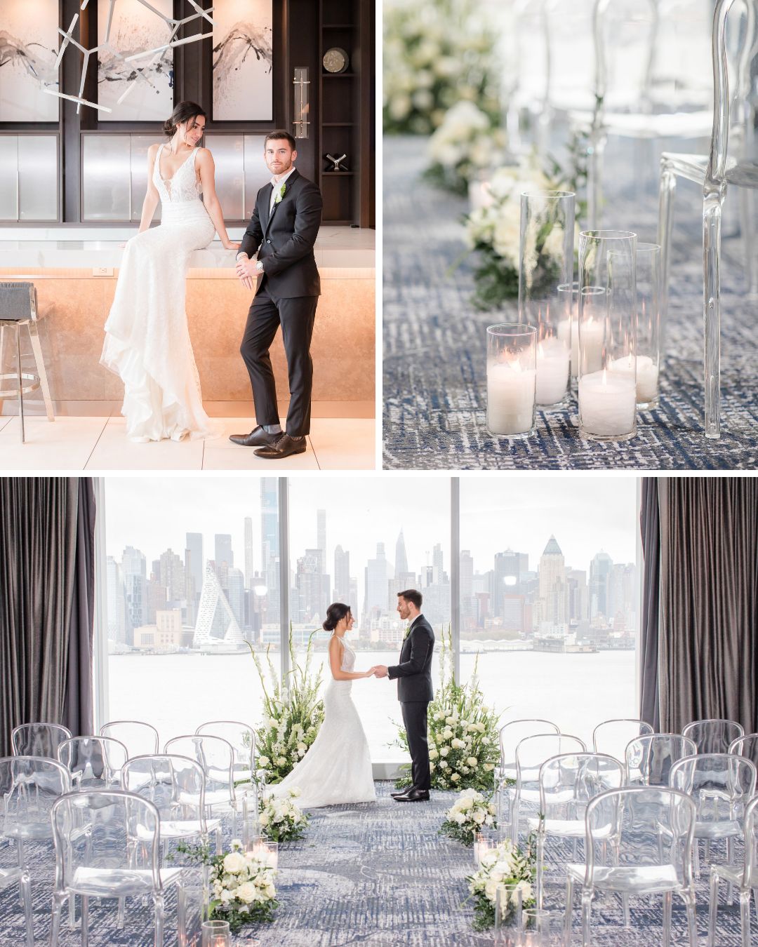A collage showing a bride and groom posing at a bar, a detail of candles and floral arrangements, and the couple standing at the altar in a room with clear chairs and a view of a city skyline.
