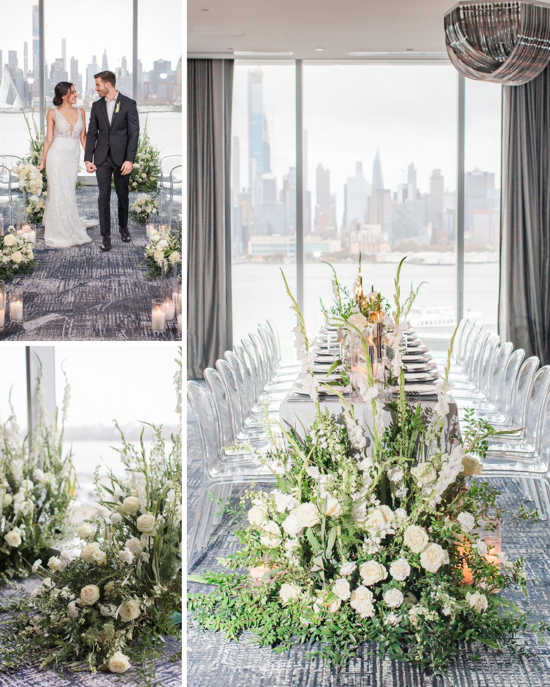 A collage showing a bride and groom walking down an aisle, a close-up of floor floral arrangements, and a long dining table decorated with flowers in front of floor-to-ceiling city skyline windows.