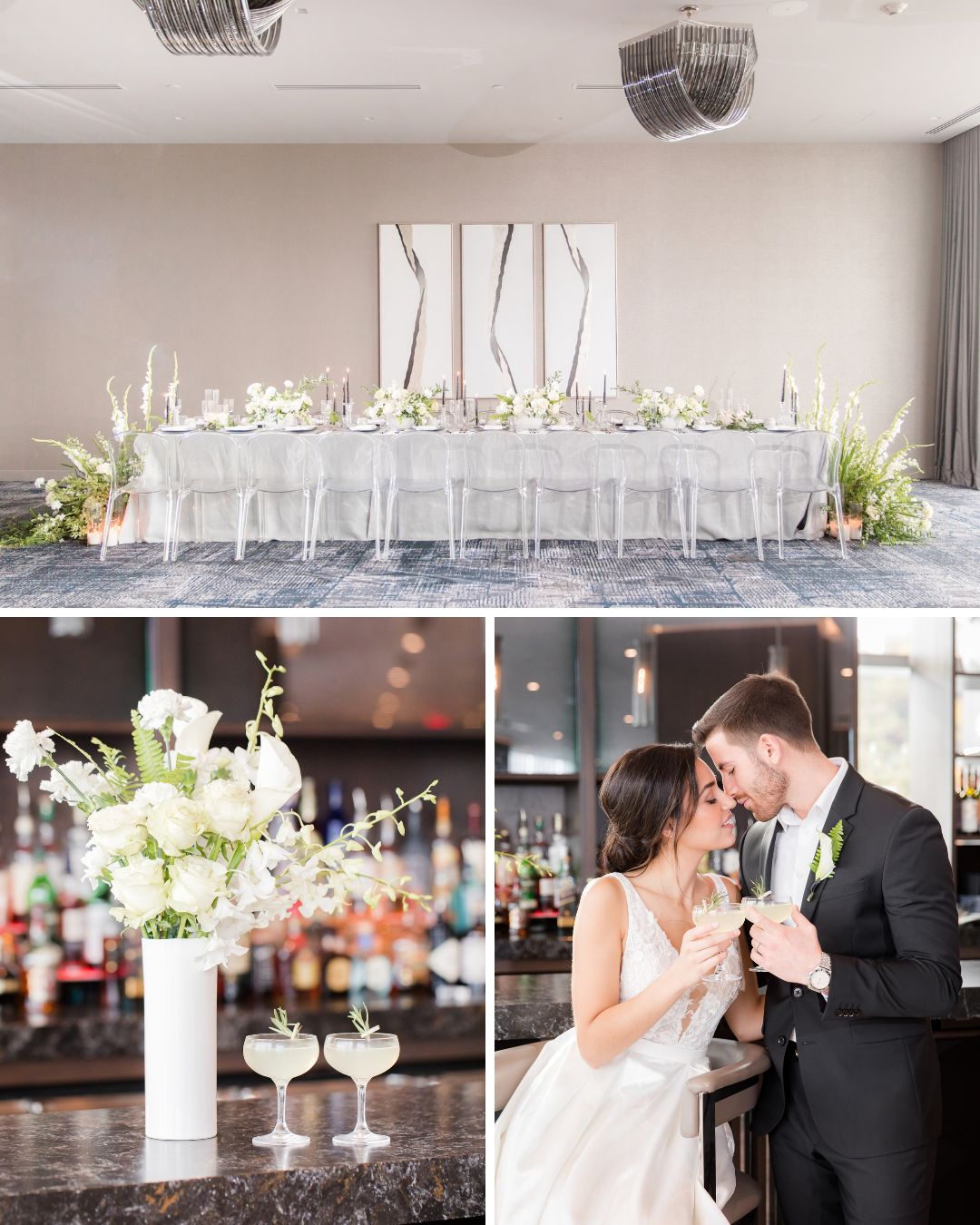 A wedding reception setup featuring a long dinner table, a floral centerpiece on a bar, and a bride and groom clinking glasses.