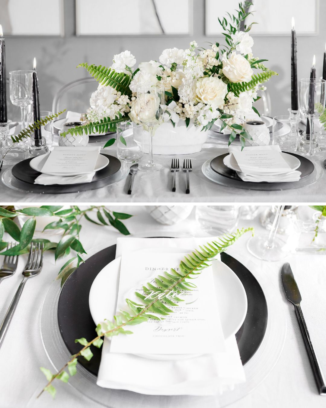 A formal table setting with black plates, white napkins, and a fern sprig on each place setting, featuring a central floral arrangement with white roses and greenery.