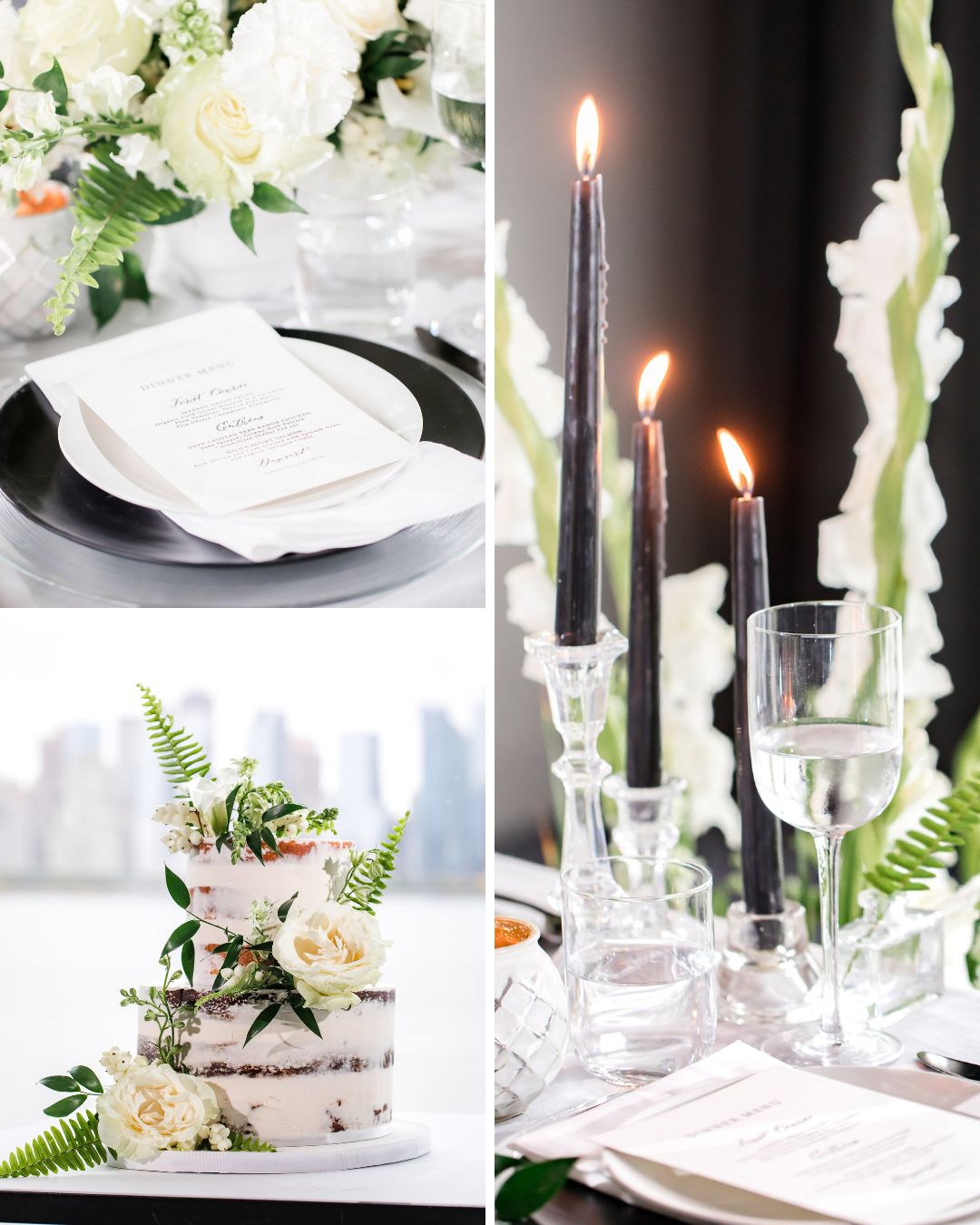 A collage of wedding table settings, including a place setting with a menu, a tiered cake decorated with flowers, and tall black candles with white floral arrangements.
