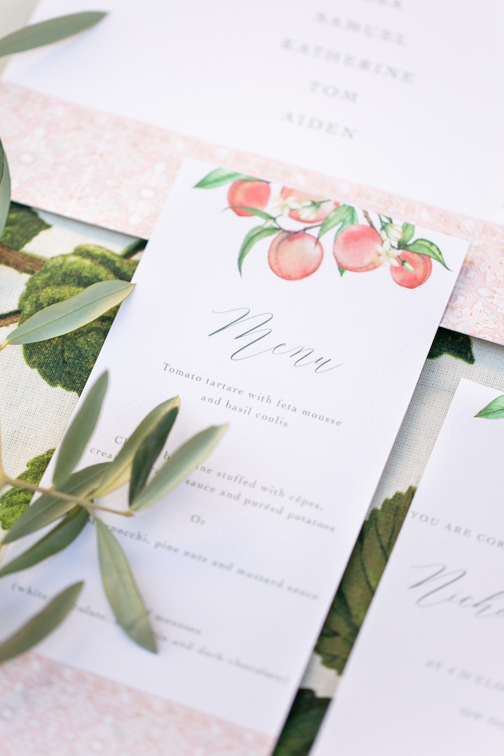 wedding stationery with watercolor peaches