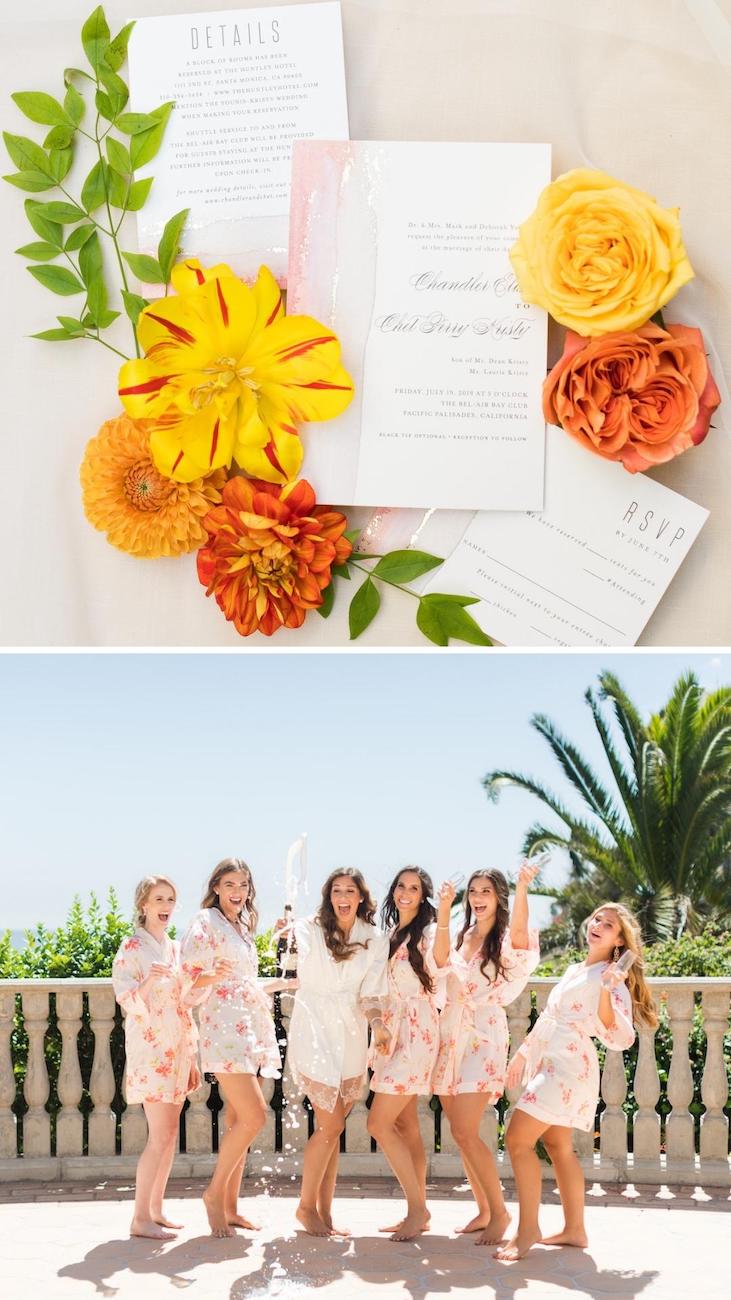 Top: Wedding invitations adorned with colorful flowers and greenery. Bottom: Five women in floral robes celebrating outdoors by splashing water.