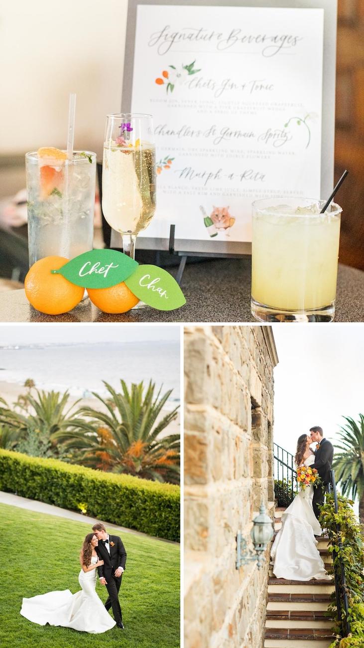 A wedding collage with three images: drinks and a menu at the top, a couple kissing on a grassy area with the ocean in the background in the middle, and the couple kissing on a stone staircase at the bottom.