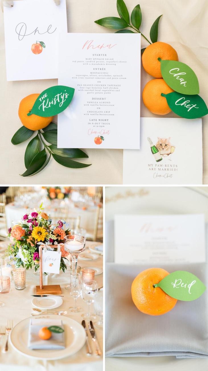 A wedding stationery set with a citrus theme includes a menu, name cards attached to oranges, and table decorations featuring floral centerpieces and place settings with oranges.