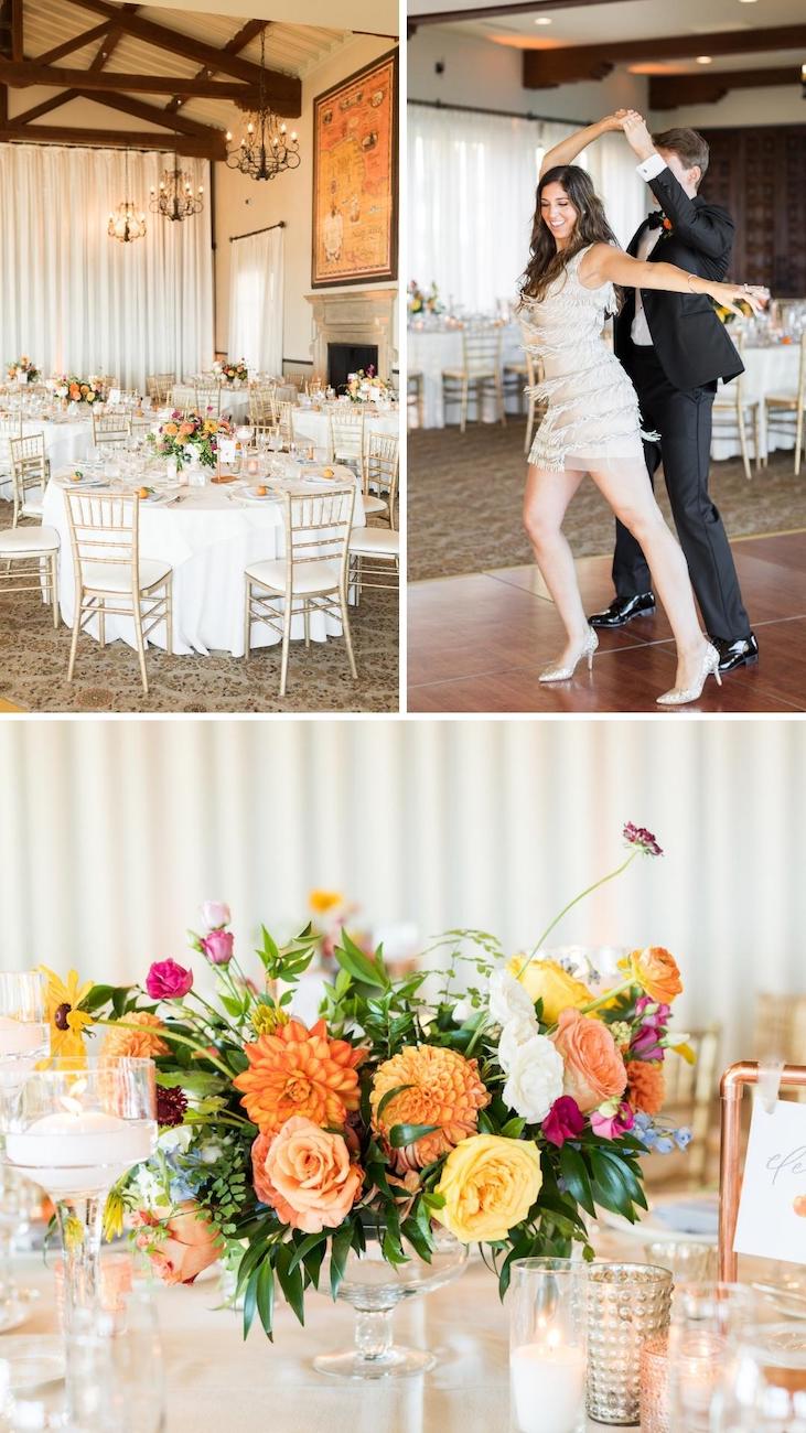 A decorated wedding reception hall with white drapes, a dining area with white tablecloths and floral centerpieces, and a couple dancing. Flowers are detailed in a close-up in the third image.