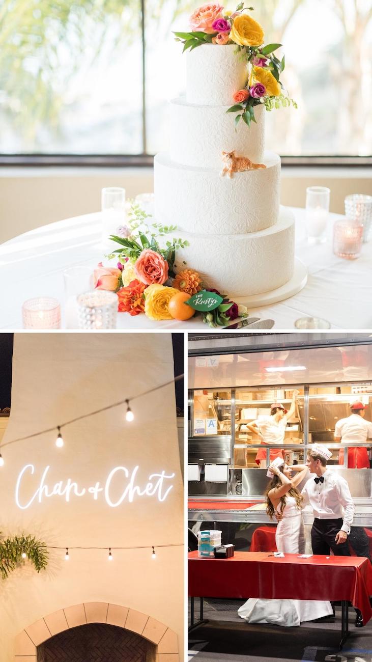 A tiered wedding cake with flower decorations, a neon sign reading "Chan + Chet," and a couple in wedding attire playfully feeding each other in a kitchen setting.