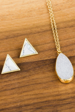 Howlite Triangle Post Earrings and Teardrop Drusy Pendant Necklace