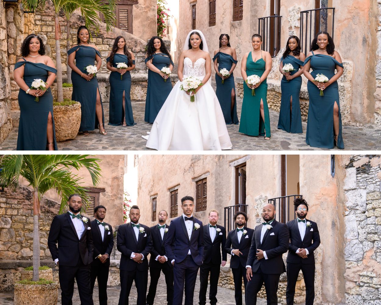 bridal party in emerald green dresses pose with bride in Essence of Australia gown; groom and groomsmen pose in black tuxes with green and black bowties