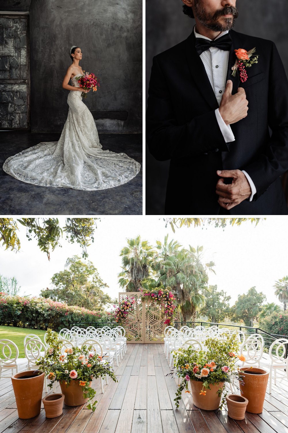 Collage of bride, groom and wedding arch