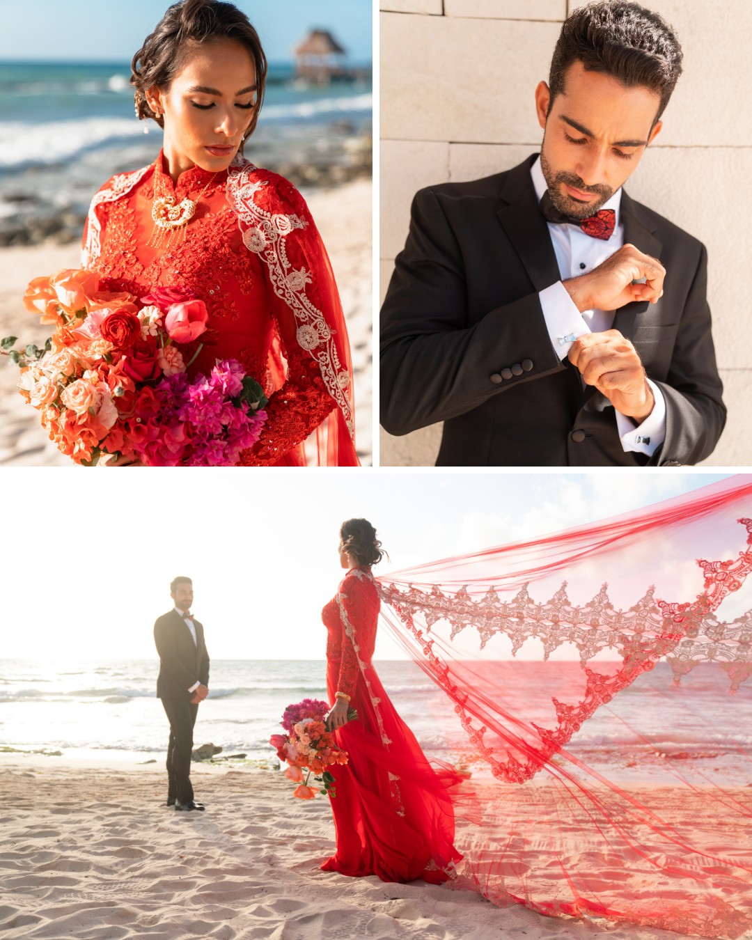 Bride and Groom in beach wedding in red dress
