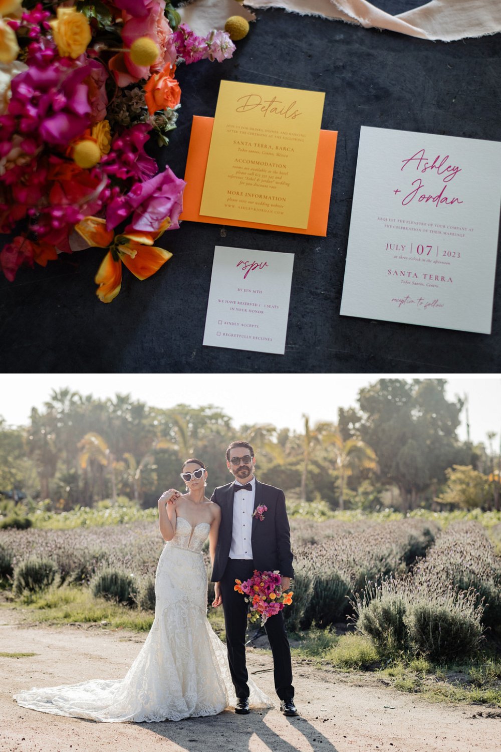 Collage of wedding invitations and a bride and groom posing for pictures