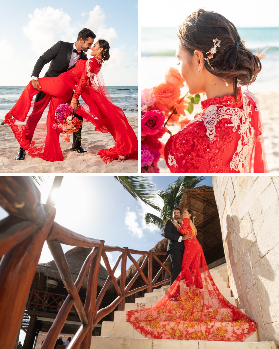 Bride in red dress on beach wedding