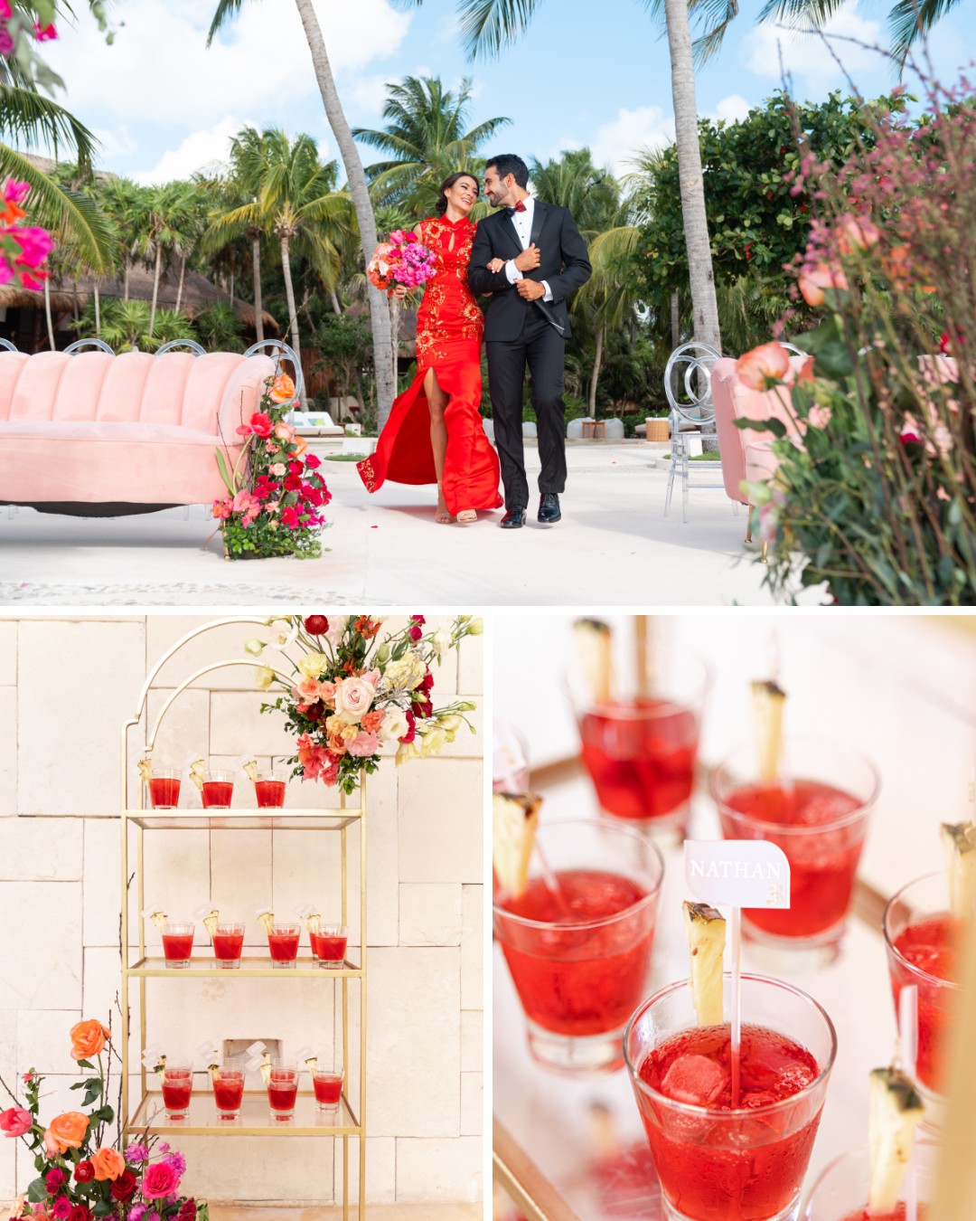 Collage of bride and groom on beach and red signature cocktail drinks