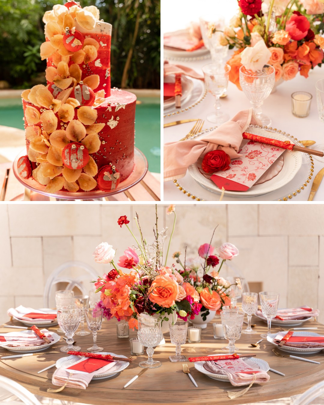 Red 2 tiered cake and collage of place settings and florals