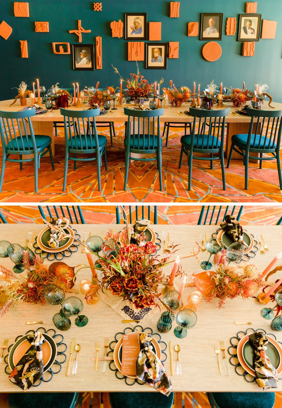 Collage of two photos with colorful blue and orange place settings for a reception