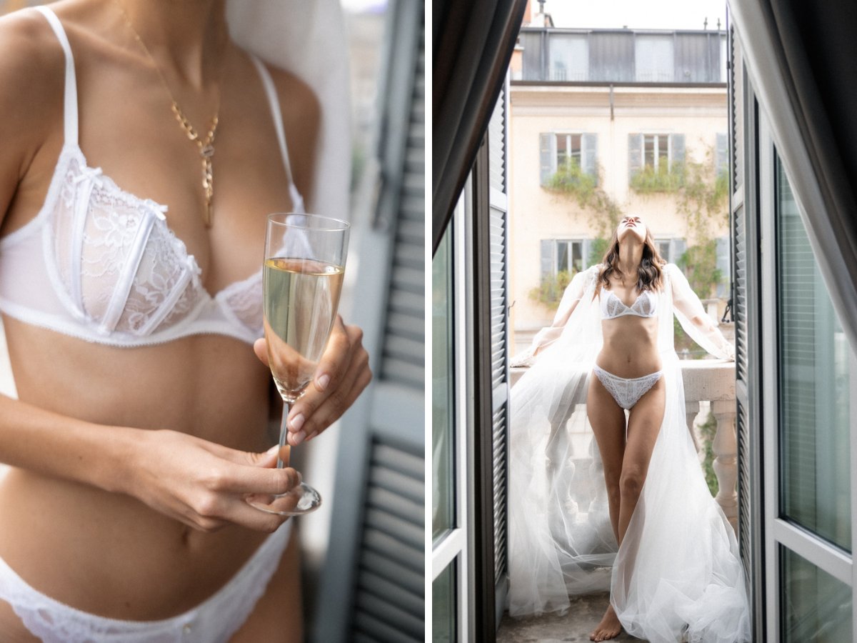 Collage of woman in lingerie and woman posing in sheer robe on balcony in boudoir shoot