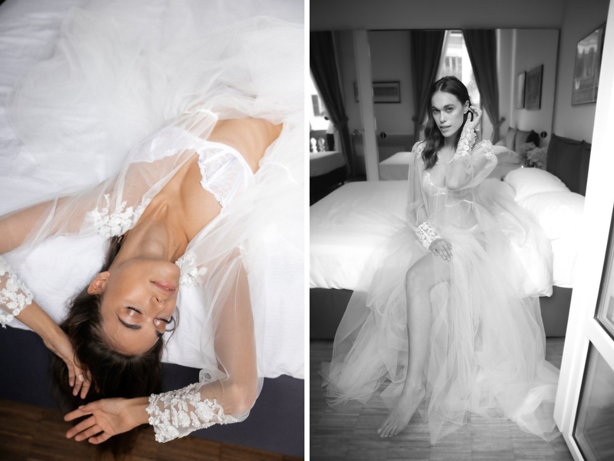 Woman in sheer robe posing in bed for wedding boudoir shoot
