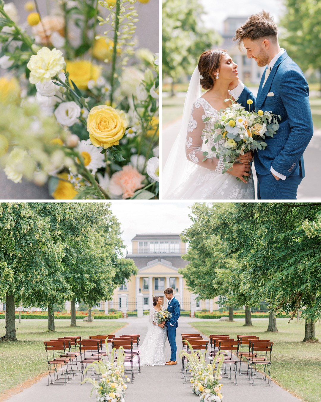 Collage of a wedding couple outside of Gut Hesterberg venue 