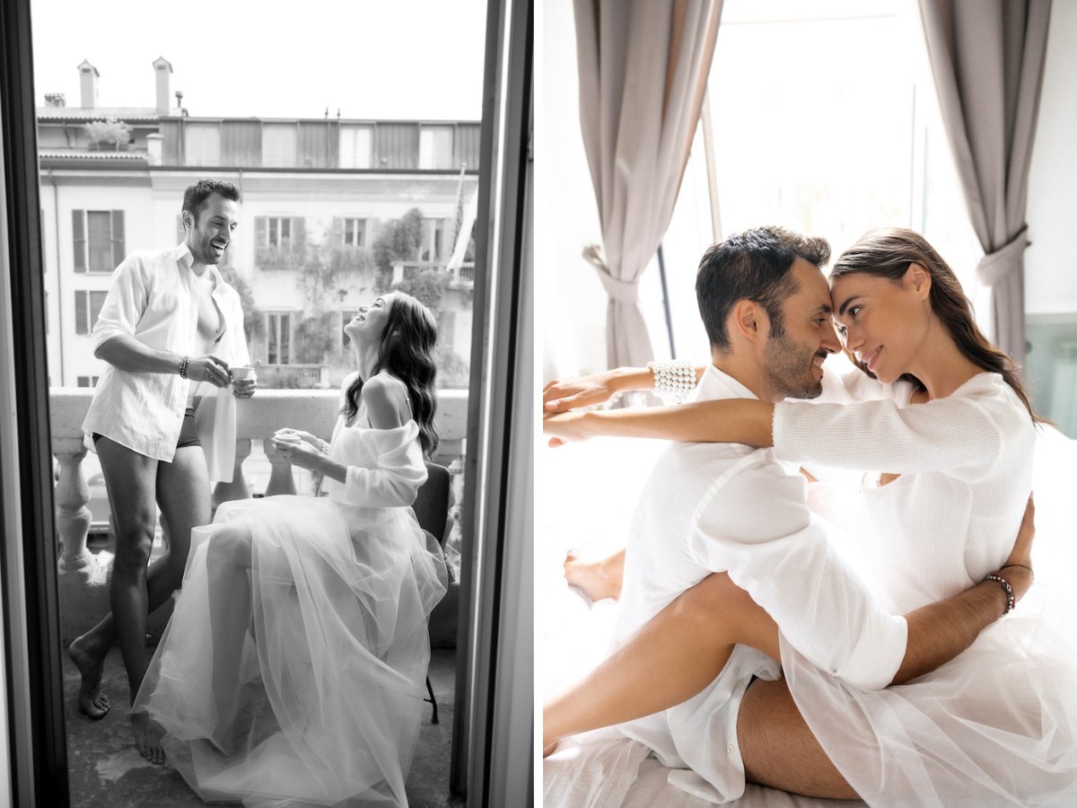 Bride and groom posing on balcony and bed in wedding boudoir photo shoot