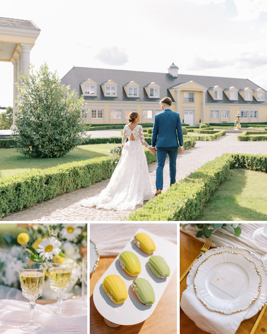 Collage of bride and groom at wedding venue Gut Hesterberg in Germany. Images show finger foods and place settings