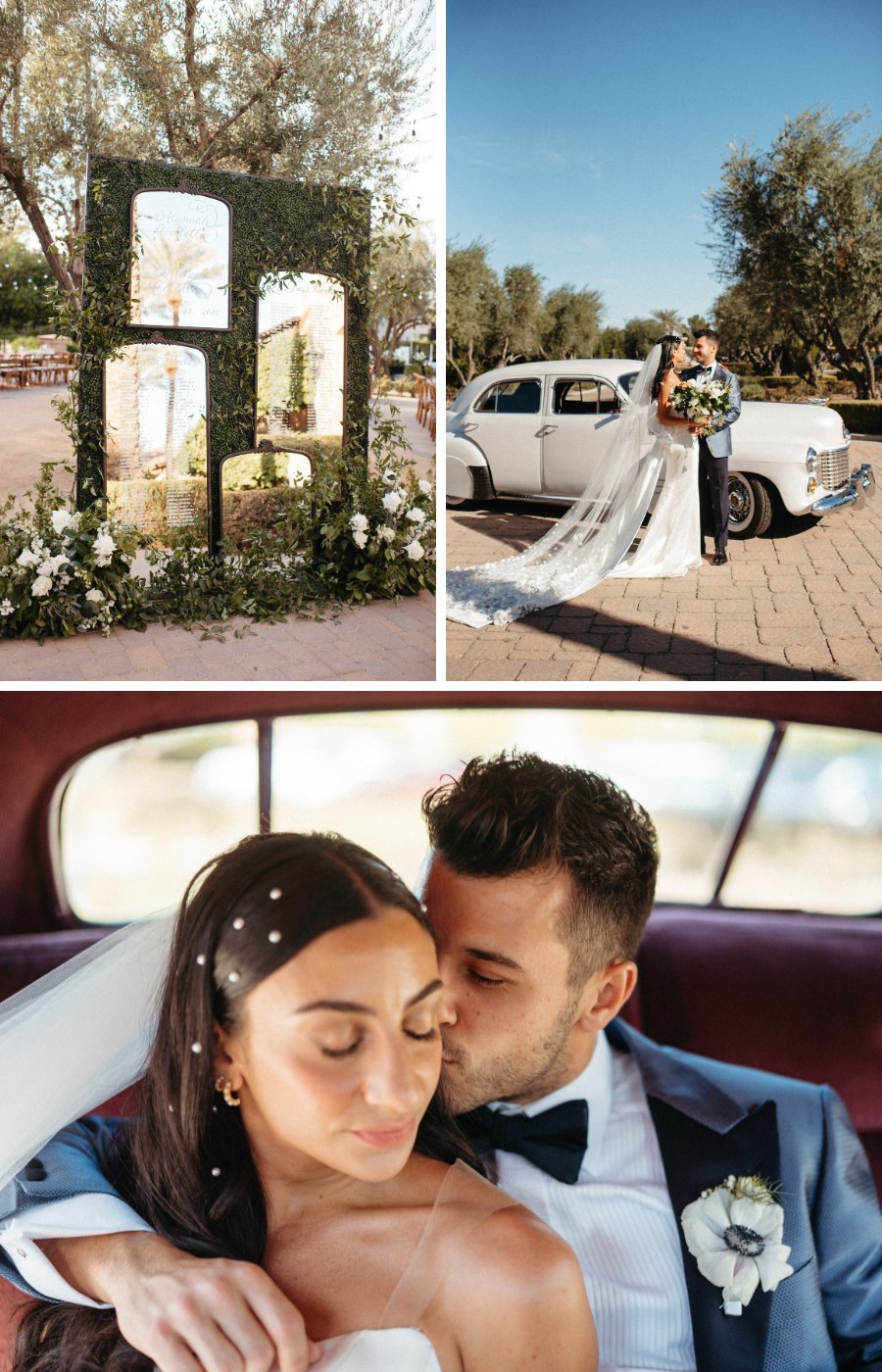 Collage of photos. First panel is table assignments for a wedding reception etched onto mirrors, second photo is a bride and groom posing beside a classic car. Third photo is a bride and groom kissing inside of a retro car. 