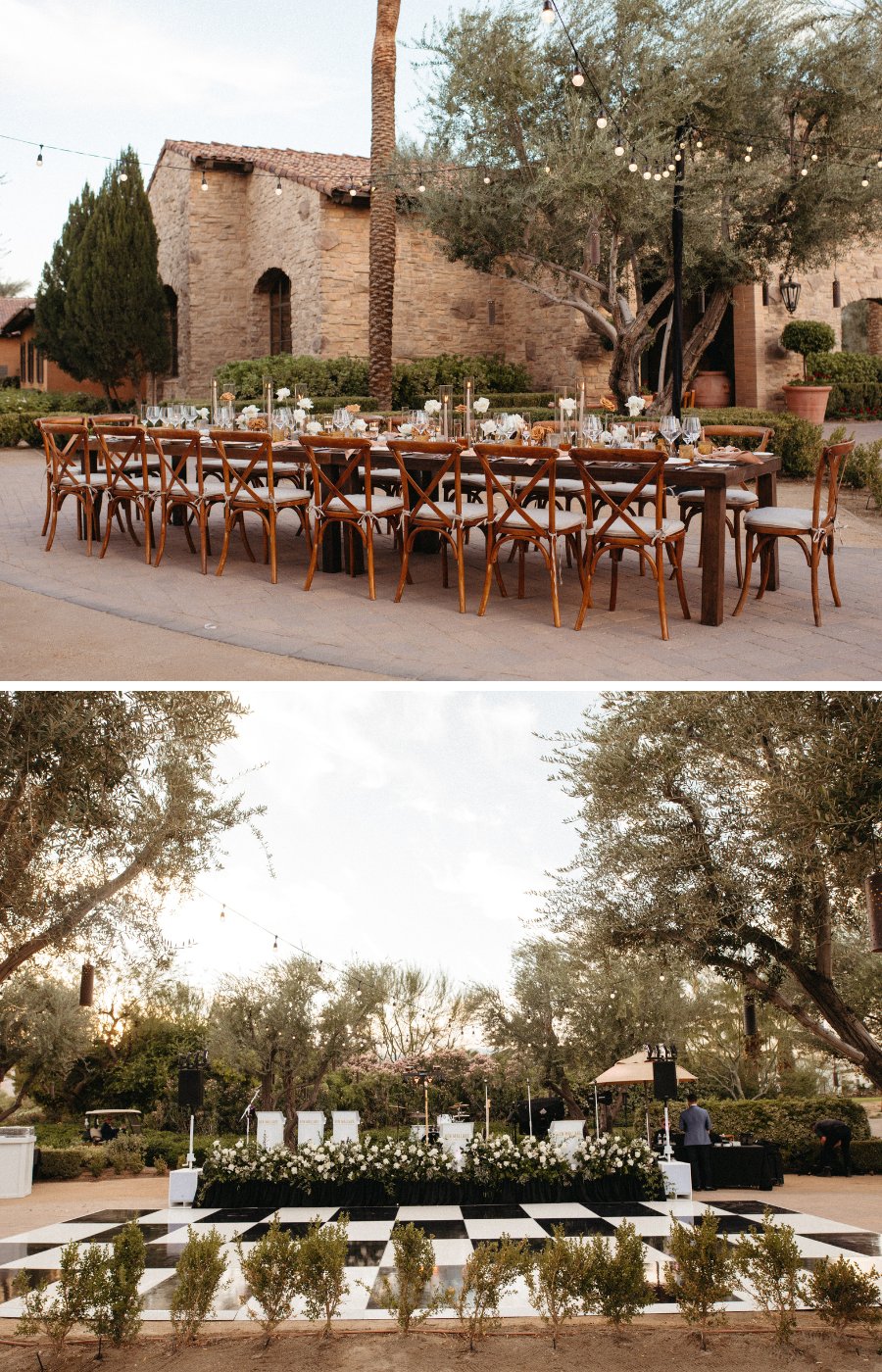 Outdoor wedding reception set up inspired by the Tuscan region of Italy