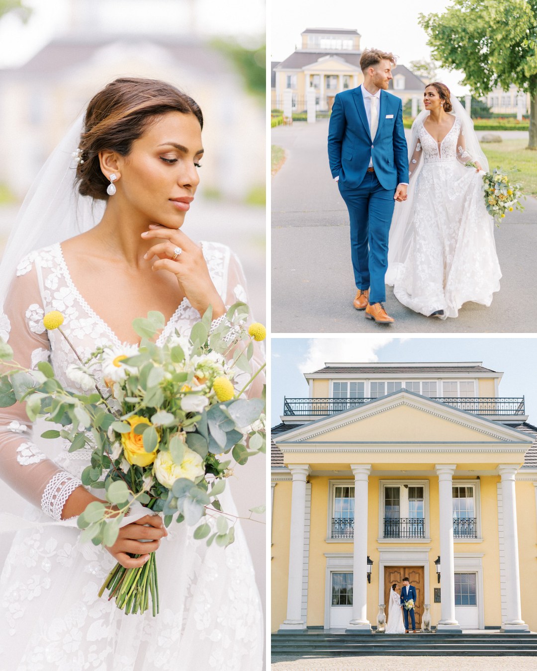 Collage of couple in wedding dress and tuxedo outside of wedding venue.