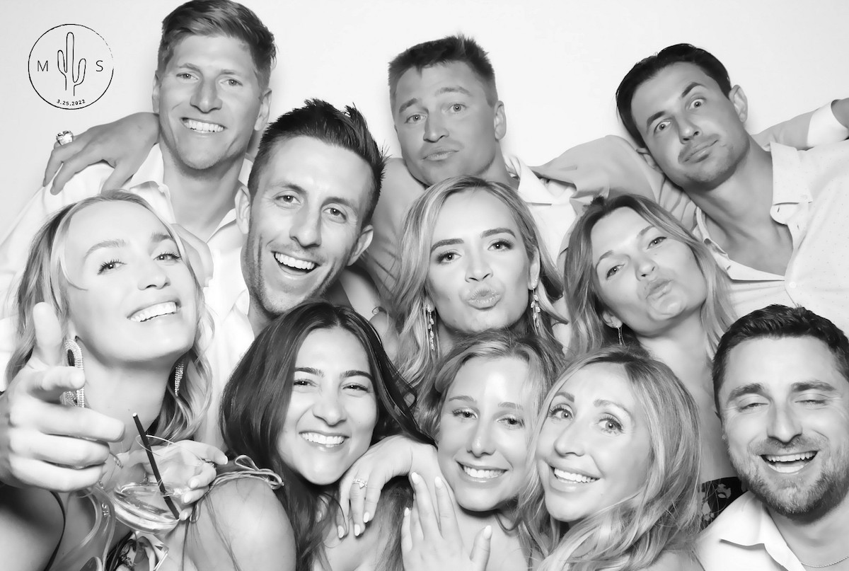 bridal party in black and white photo booth photo