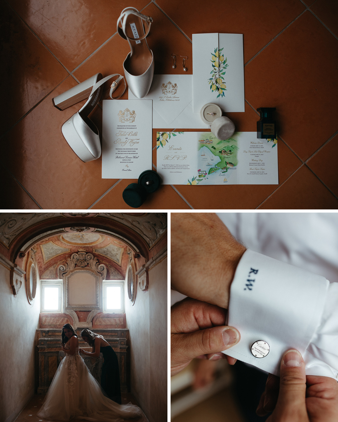 Collage of photos including wedding invitations, a bride getting ready for her wedding in Italy and cufflinks
