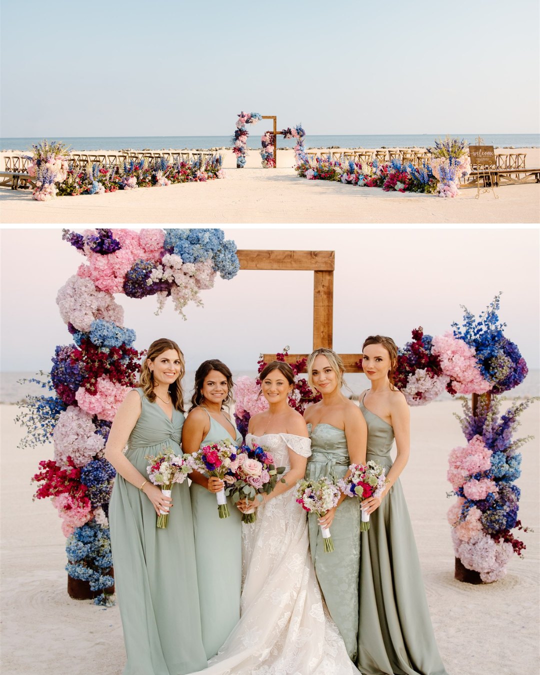 Top photo: beachside ceremony in the Florida Keys. Bottom photo: A bride at her wedding on the beach with her bridesmaids.
