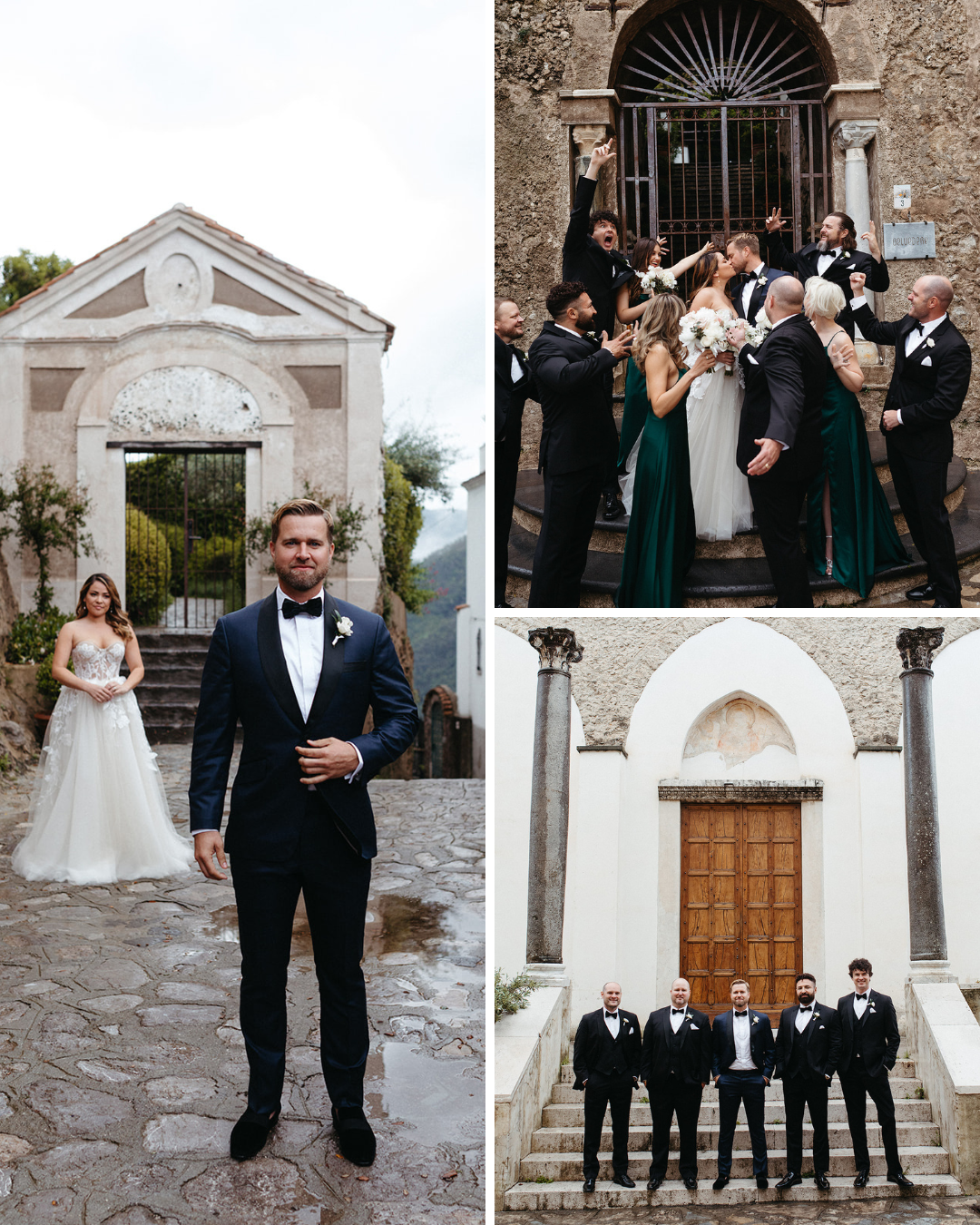 Bride and groom in front of church in Italy with wedding party