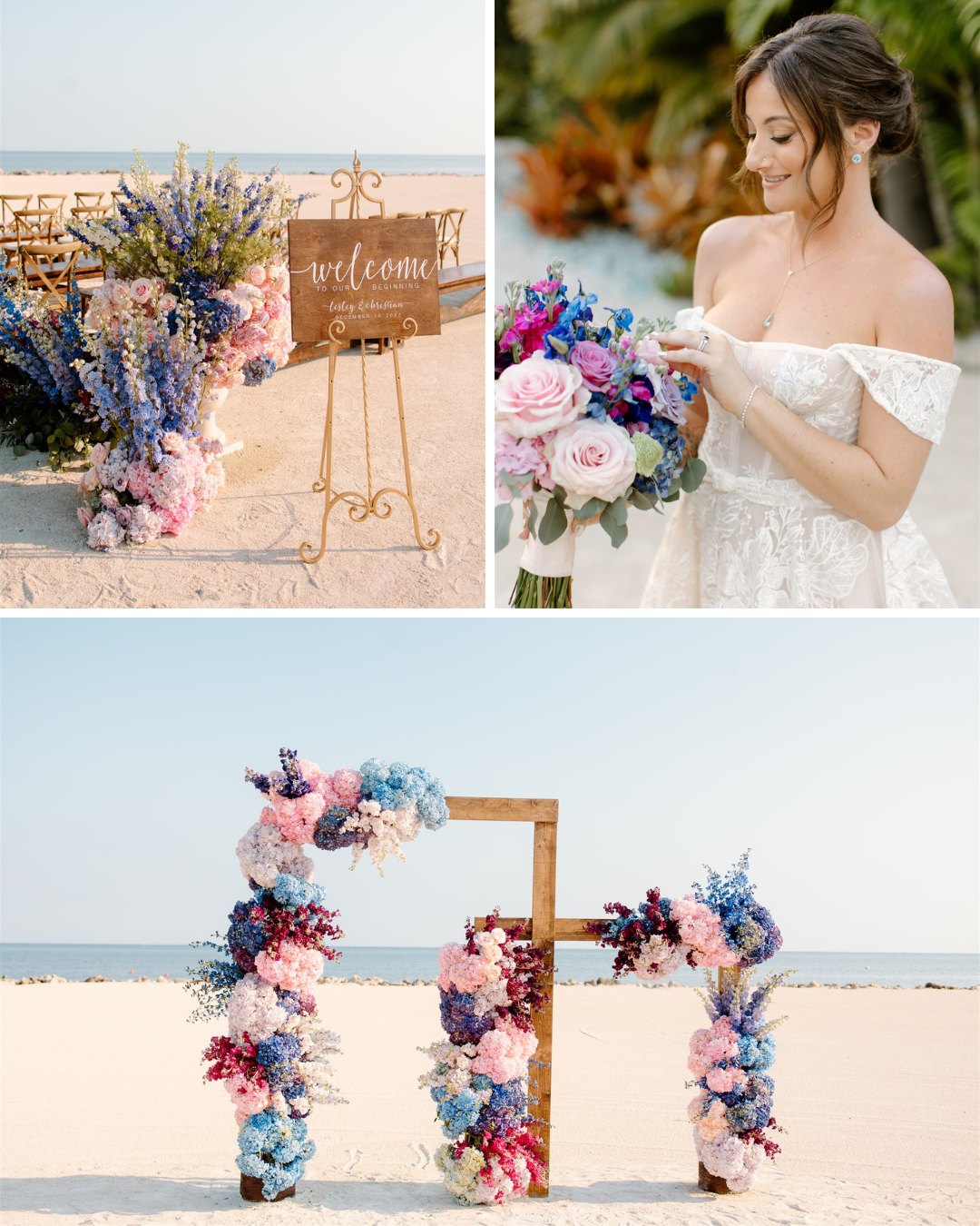 Floral wedding arch at a beach.
