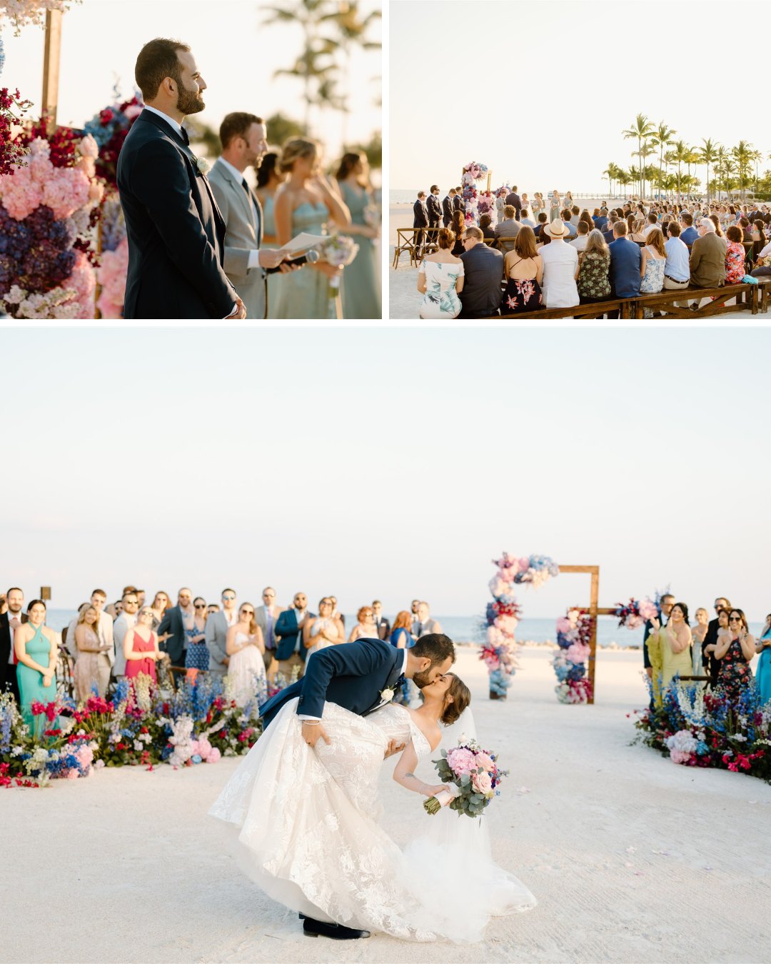 Collage of photos of a groom patiently waiting for his bride at their beachy wedding. Guests watch them take their first kiss.