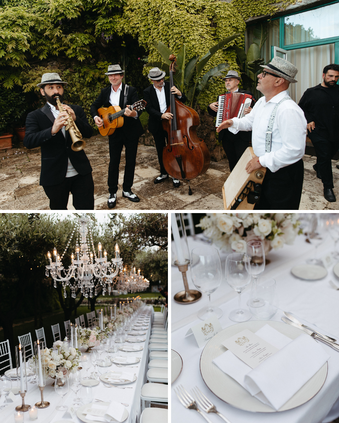 Collage of photos from Italian wedding. Band of musicians play at wedding reception and dinner.