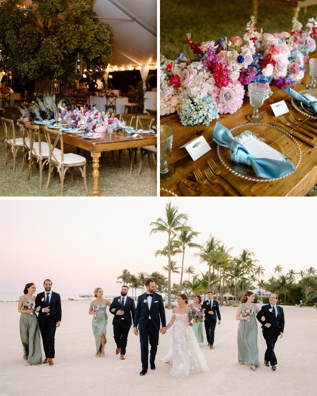 A collage of photos including an Outdoor reception set up with elegant wood tables and chairs, place settings and a wedding party.