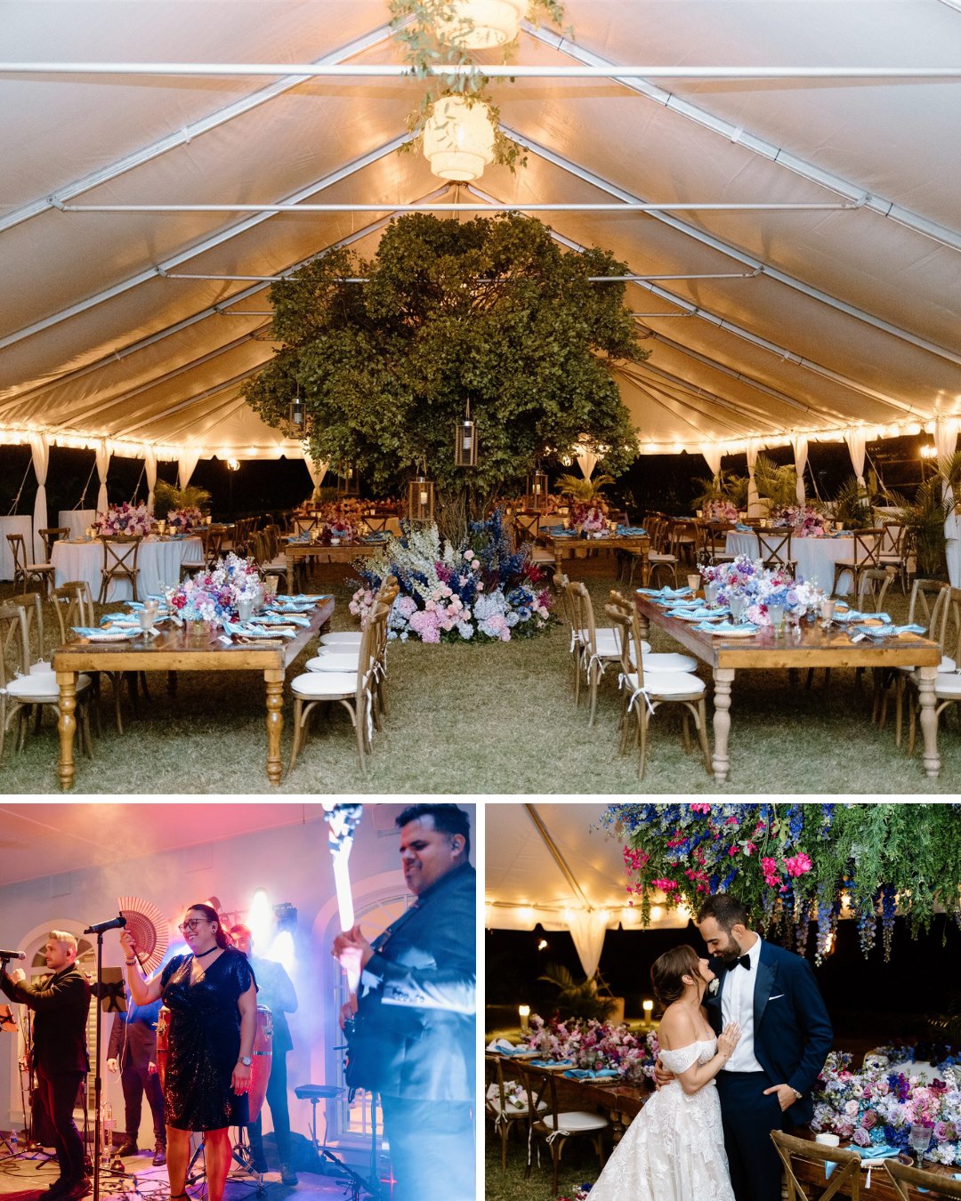 A collage featuring an outdoor tent reception, a wedding band and a bride and groom dancing.