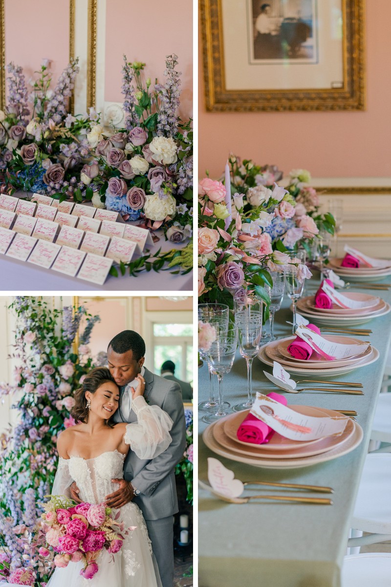 Collage of placecards at a wedding, place settings and a bride and groom posing with florals behind them.