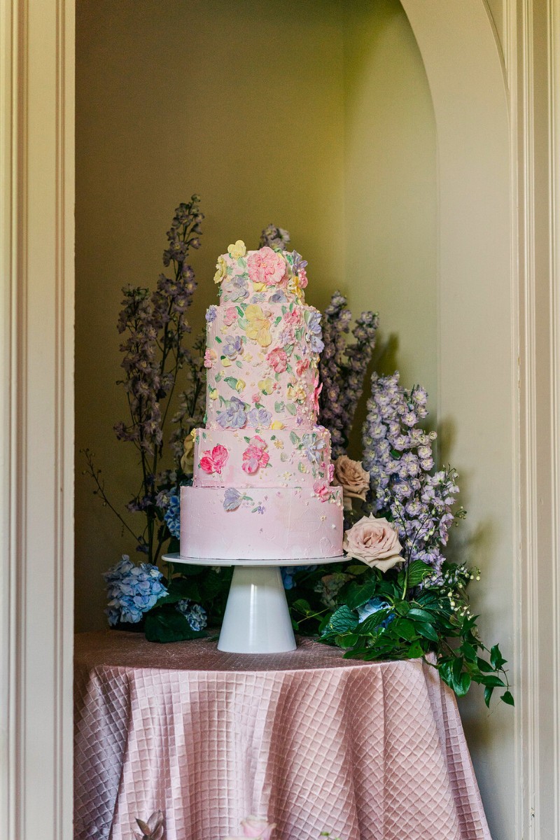 Floral embellished wedding cake 