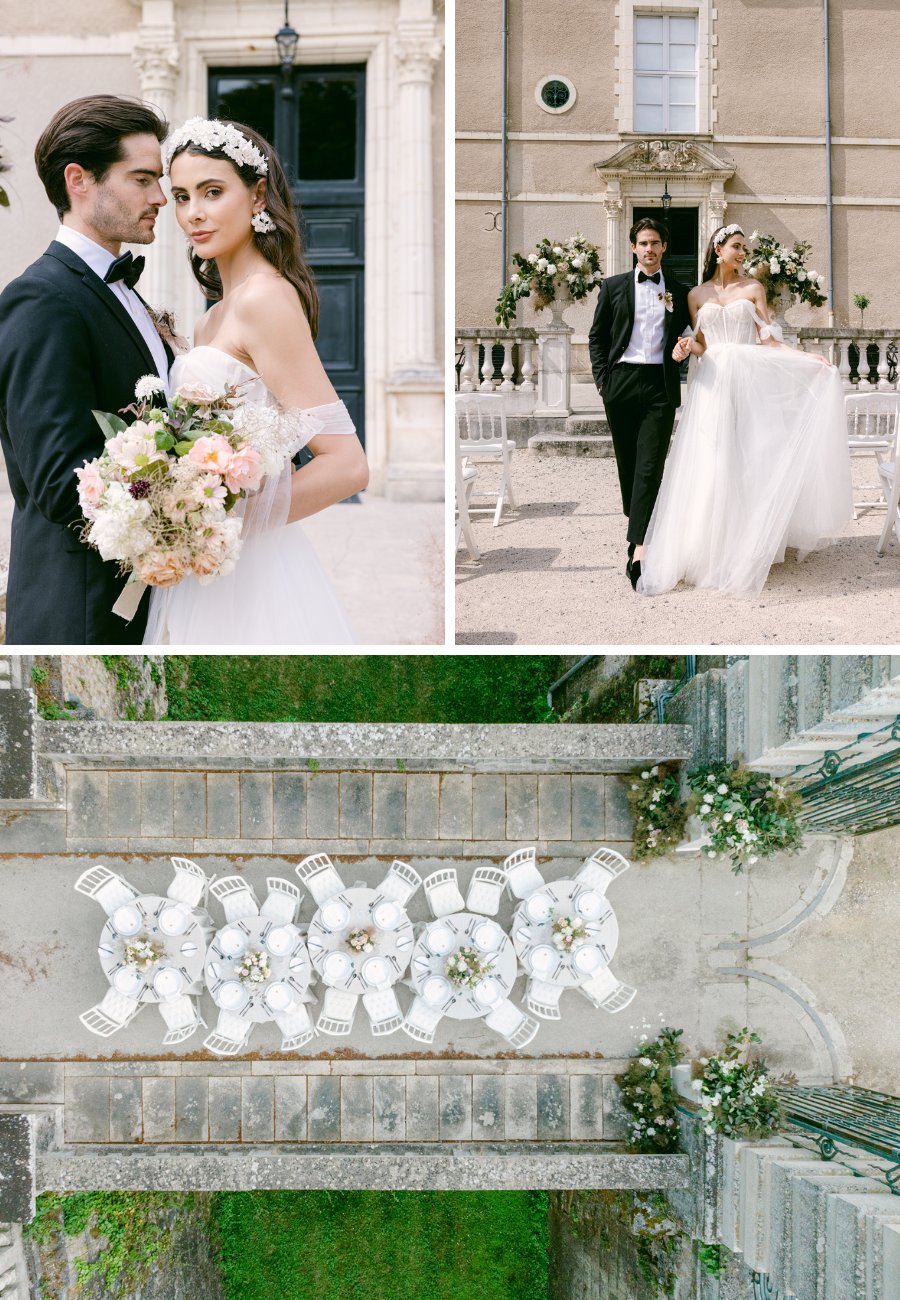 Collage of bride and groom at Loire Valley Chateau with an aerial view of an intimate reception set up.