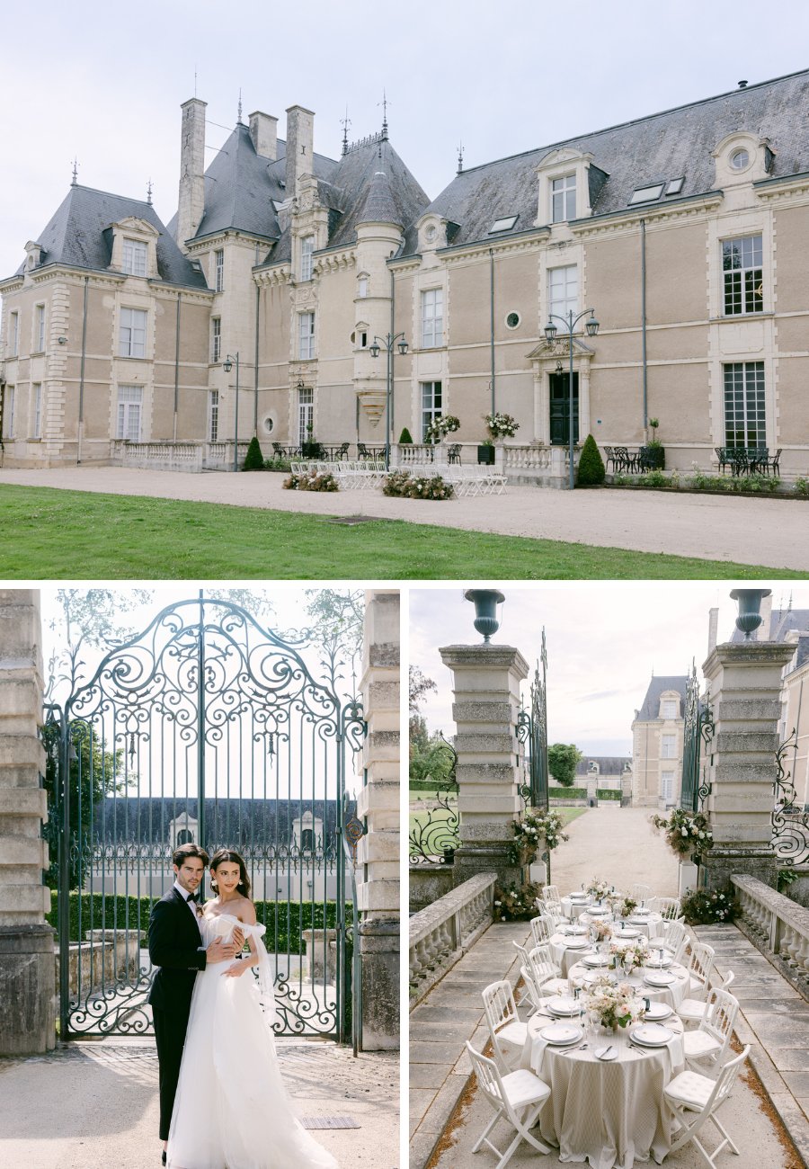 Collage of Exterior shot of chateau with married couple at iron gates and a reception set up.