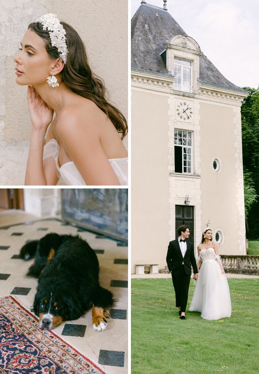 Collage of close up of Bride in wedding dress, bride and groom walking outside of a French Chateau and a dog laying on tiled floor.
