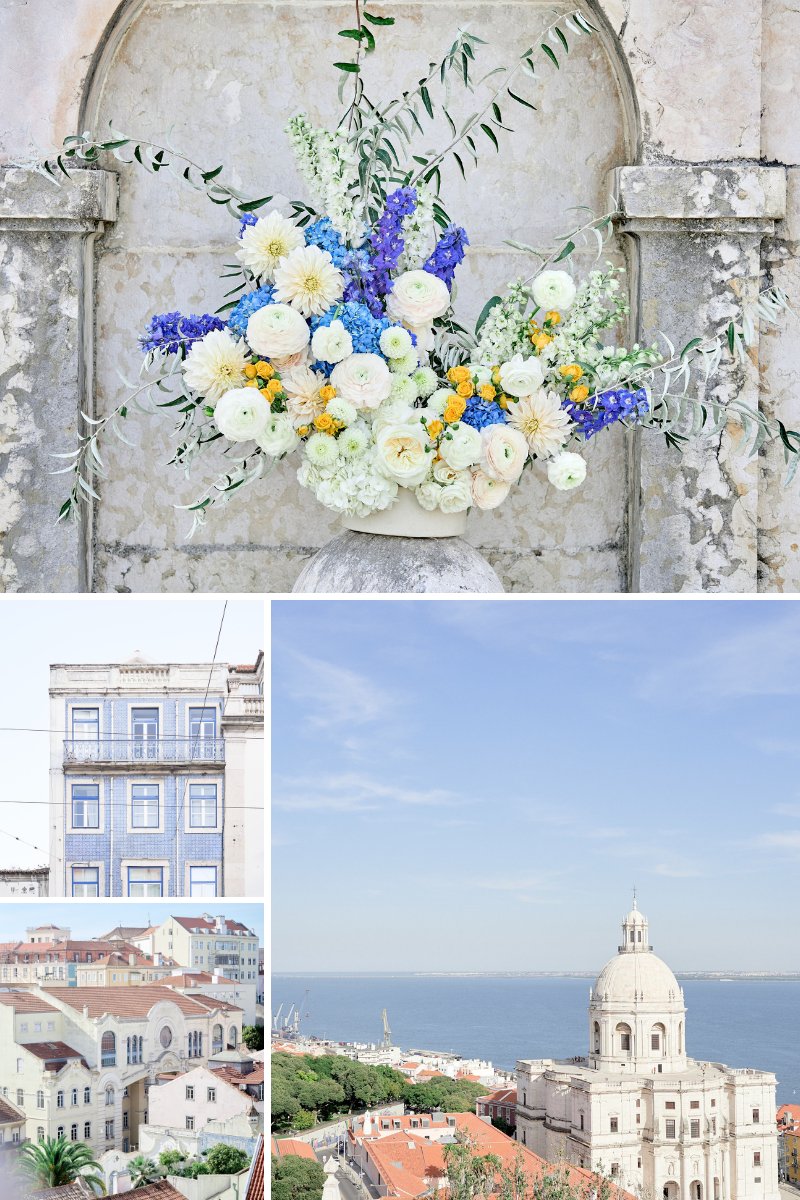 blue and white florals and shots of Lisbon buildings