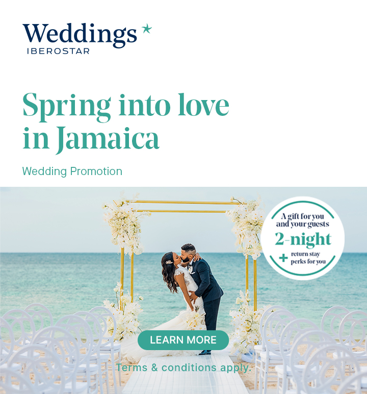 Couple doing a beach destination wedding in Jamaica by Iberostar